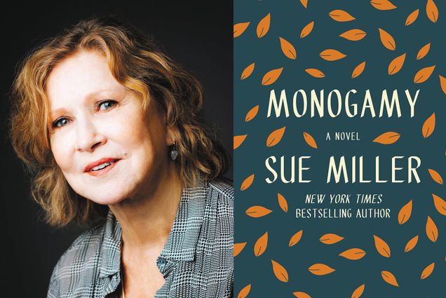 Composite image: on the left, a portrait of Best-selling author and BU alum Sue Miller on a black background. She smiles slightly and wears a black and white stripped shirt. On the right, the book cover of "Monogamy, a novel by Sue Miller, New York Times Best-Selling Author." The cover is dark teal with orange leaves.