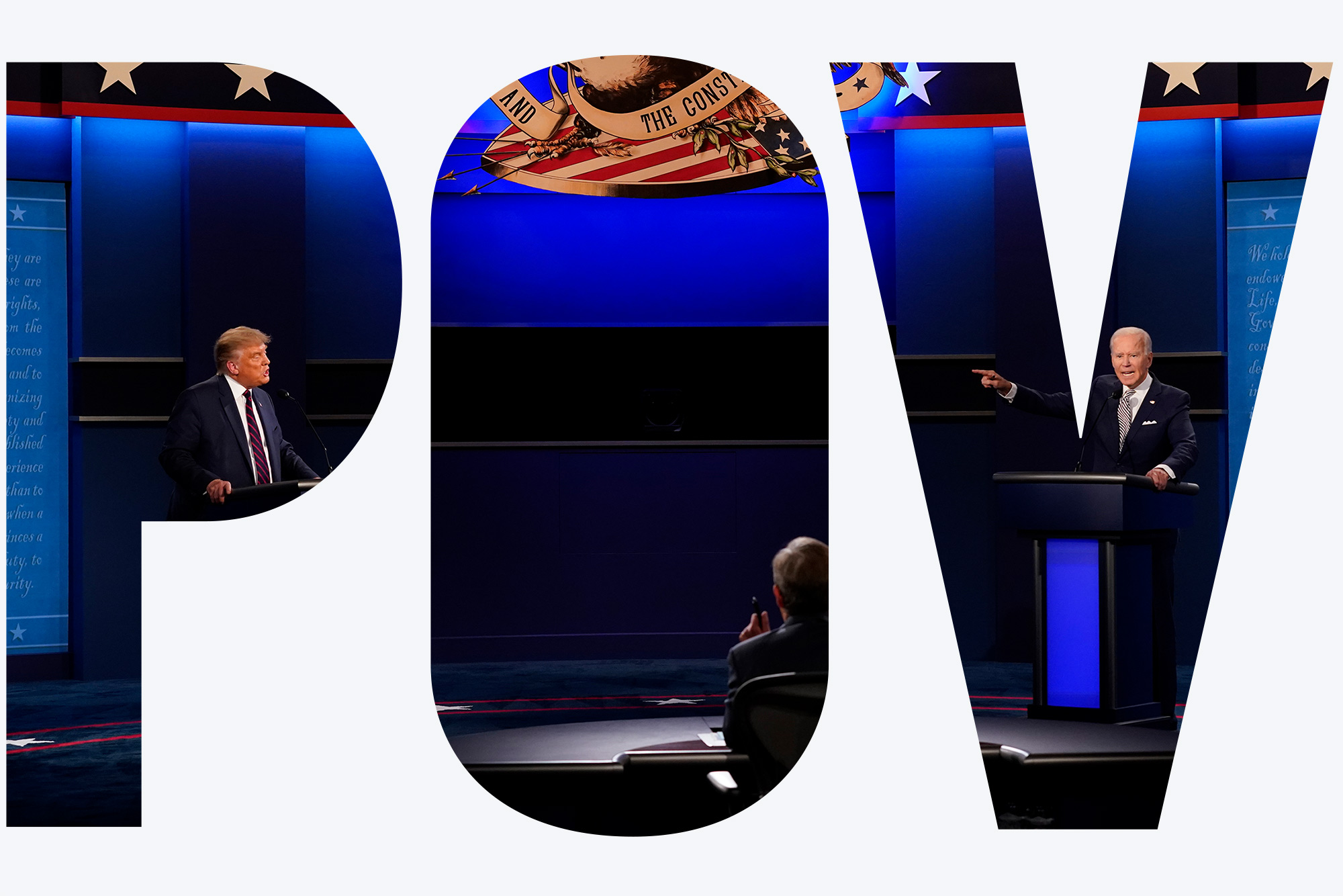 A photo from the first 2020 presidential debate between Donald Trump and Joe Biden. A white overlay reads "POV."