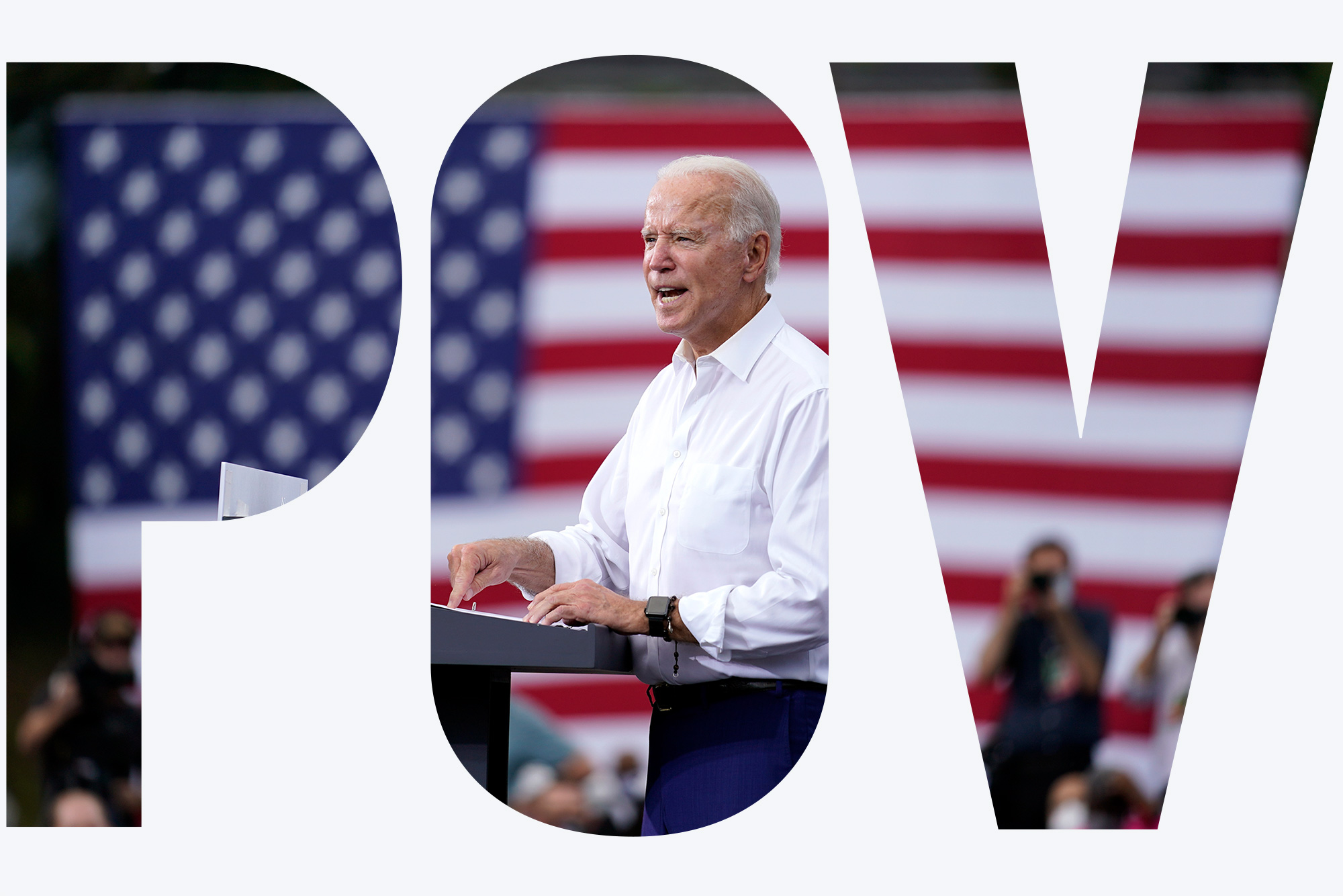 A photograph of Joe Biden giving a campaign speech at a podium with an American flag in the background. A white text overlay reads "POV."