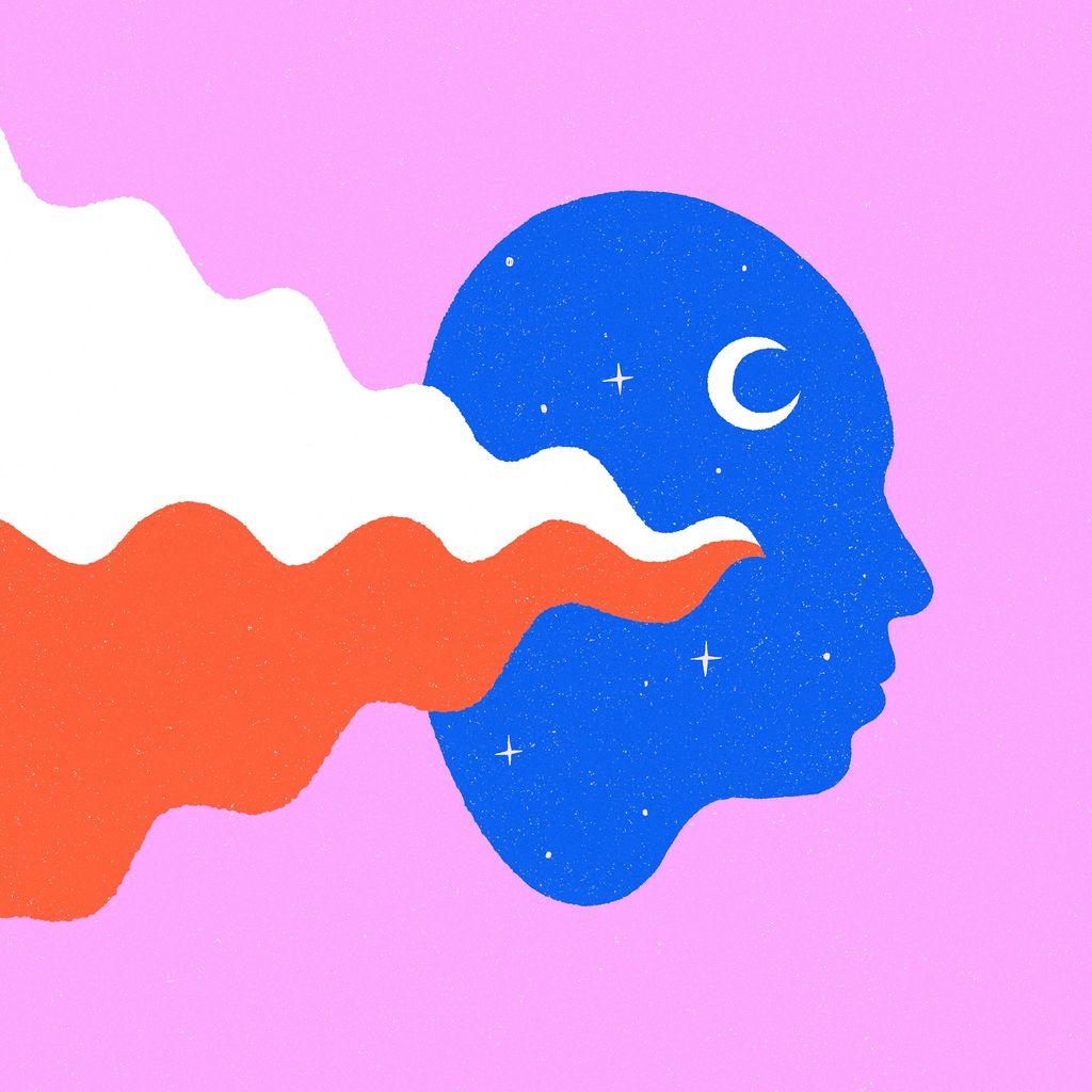 Illustration of a silhouette of a head in blue with a thin moon and stream of white and red.