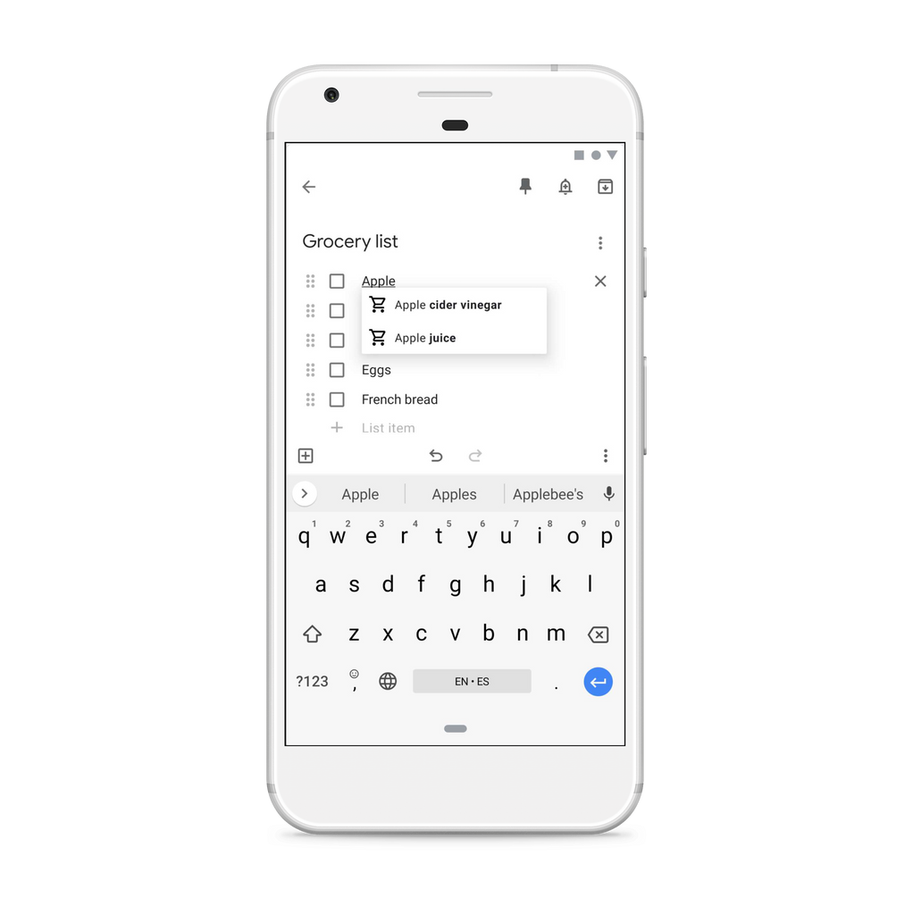 Photo of a white iPhone looking cellphone with a google keep grocery list on screen. It reads “Grocery list: Apple (apple cider vinegar, apple juice options), eggs, french bread.