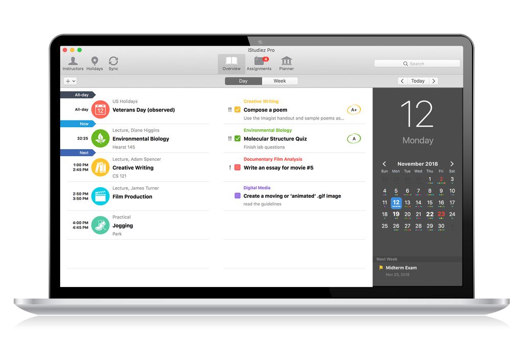 An illustration of a laptop screen with the program iStudiez Pro that has a calendar and a list of assignments written in different colors.