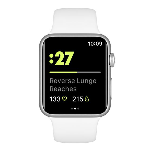 Illustration of the nike training app on an apple watch. It reads: “10:09, :27, reverse lunge reaches,” with heart rate at 133 and calories burned at 215. 