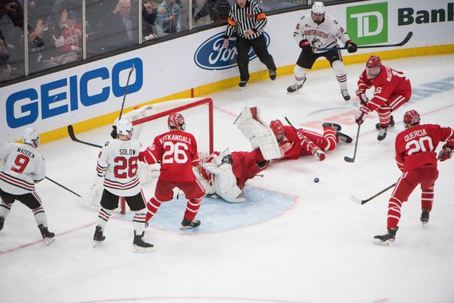 A photo of the 2020 Men's Beanpot Final between BU and Northeastern