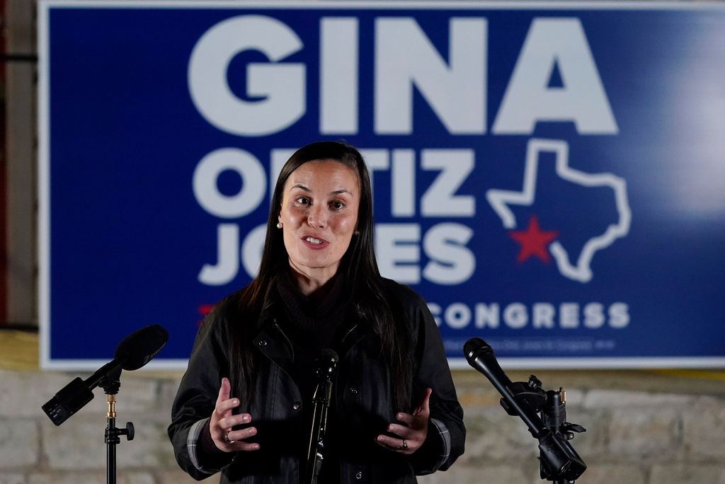 A photo of congressional candidate and BU alum Gina Ortiz Jones delivering her concession speech on November 3, 2020