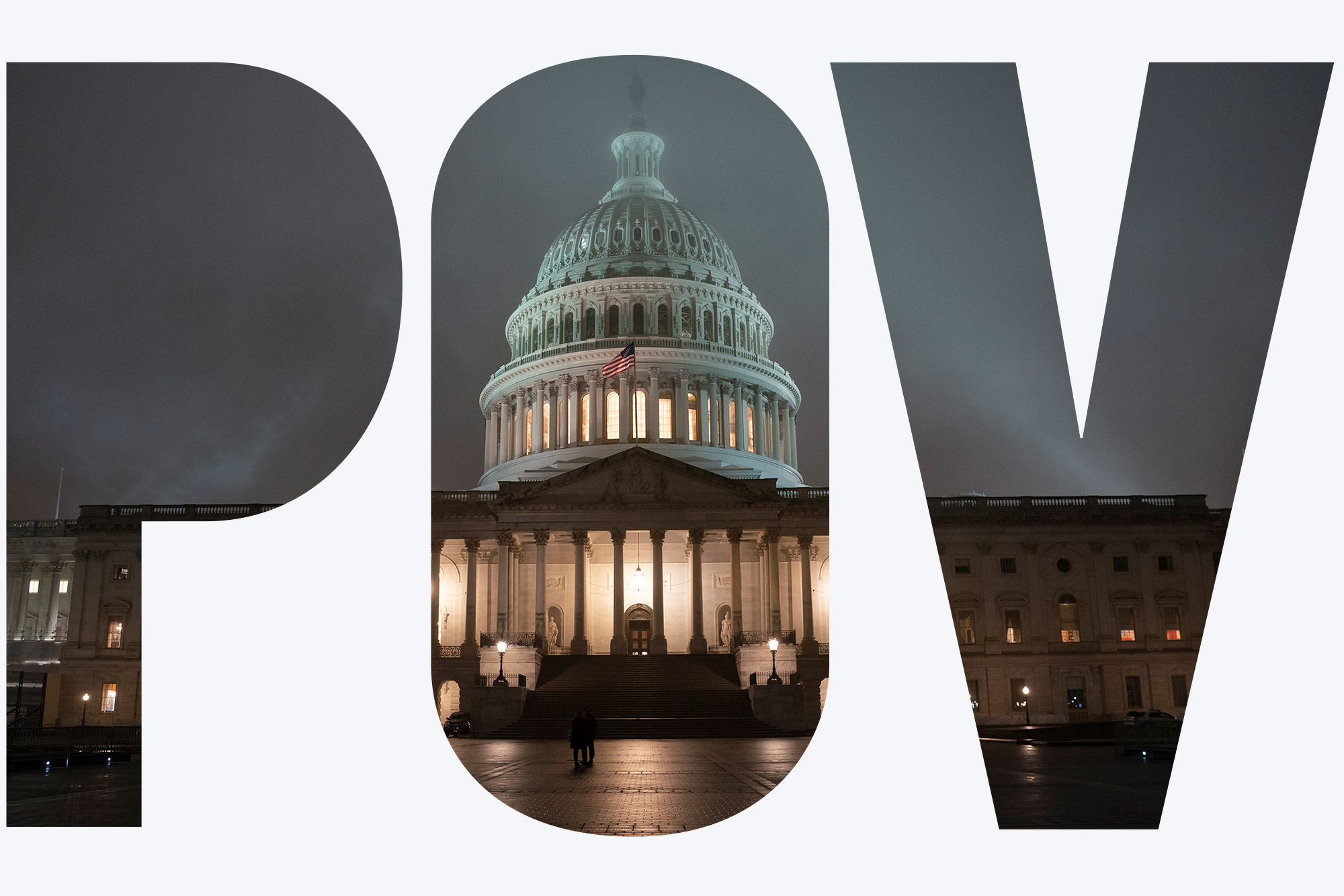 Photo of the U.S. Capitol in Washington shrouded in mist, on Friday night, Dec. 13, 2019. The lights are on underneath the buildings column’s and a few people in silhouette are seen in front of the building. Overlay reads "POV"