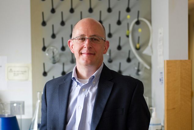 Portrait of Joseph Mizgerd, a pulmonary researcher and principal investigator, in his lab in the Medical Campus Housman Building. He wears a blue blazer and smiles.