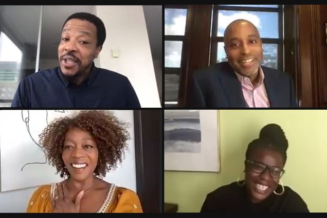 Screenshot from a virtual event During the Alumni Weekend called Black in the Entertainment Industry: Reflections on Courage, Challenge, and Creativity, College of Fine Arts Dean Harvey Young (clockwise from top right) spoke with actors Uzo Aduba (CFA’05), Alfre Woodard (CFA’74, Hon.’04), and Russell Hornsby (CFA’96) about their experiences at BU and in Hollywood.