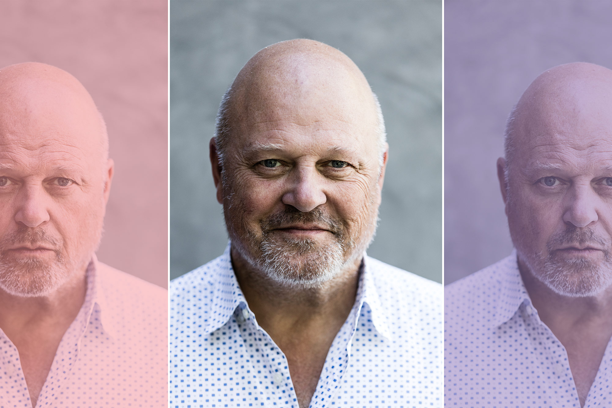 Composite image of three headshots of actor Michael Chiklis (’85), the center photo shows him smiling in a white button down with blue dots. The flanking photos show him more serious and have muted color overlays.