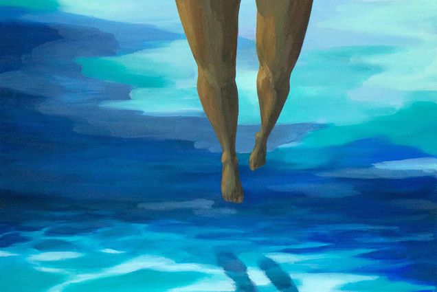 A painting of the legs of a woman underwater as she kicks along, her legs reflected on the sand. The water around her is in shades of dark and light blue. She wears white bottoms.