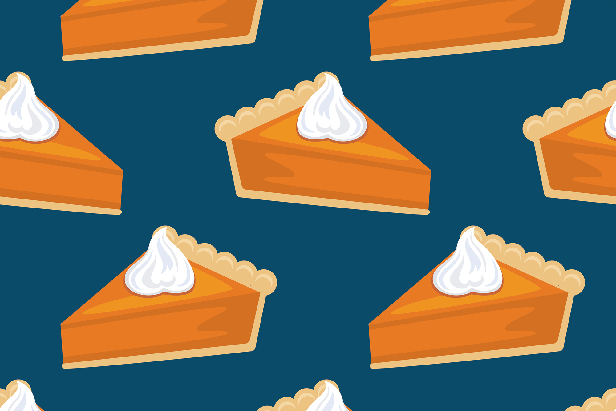 Illustration of slices of pumpkin pie with whipped cream on a dark blue background.