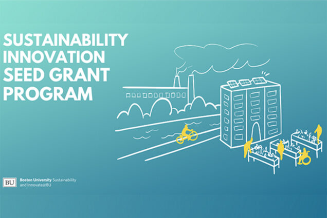 Light blue graphic for the “Sustainability Innovation Seed Grant Program” hosted by Boston University Sustainability and Innovate@BU. The graphic has a hand-drawn style and depicts a building, a cyclists, and people in yellow observing a raised bed garden.