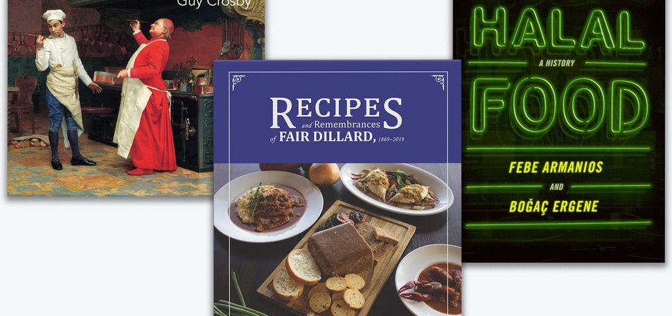 Composite image of three book covers, from left: Cook, Taste, Learn by Guy Crosby, Recipes and Remembrances of Fair Dillard by Zella Palmer, and Halal Food by Febe Armanios and Bogac Ergene.