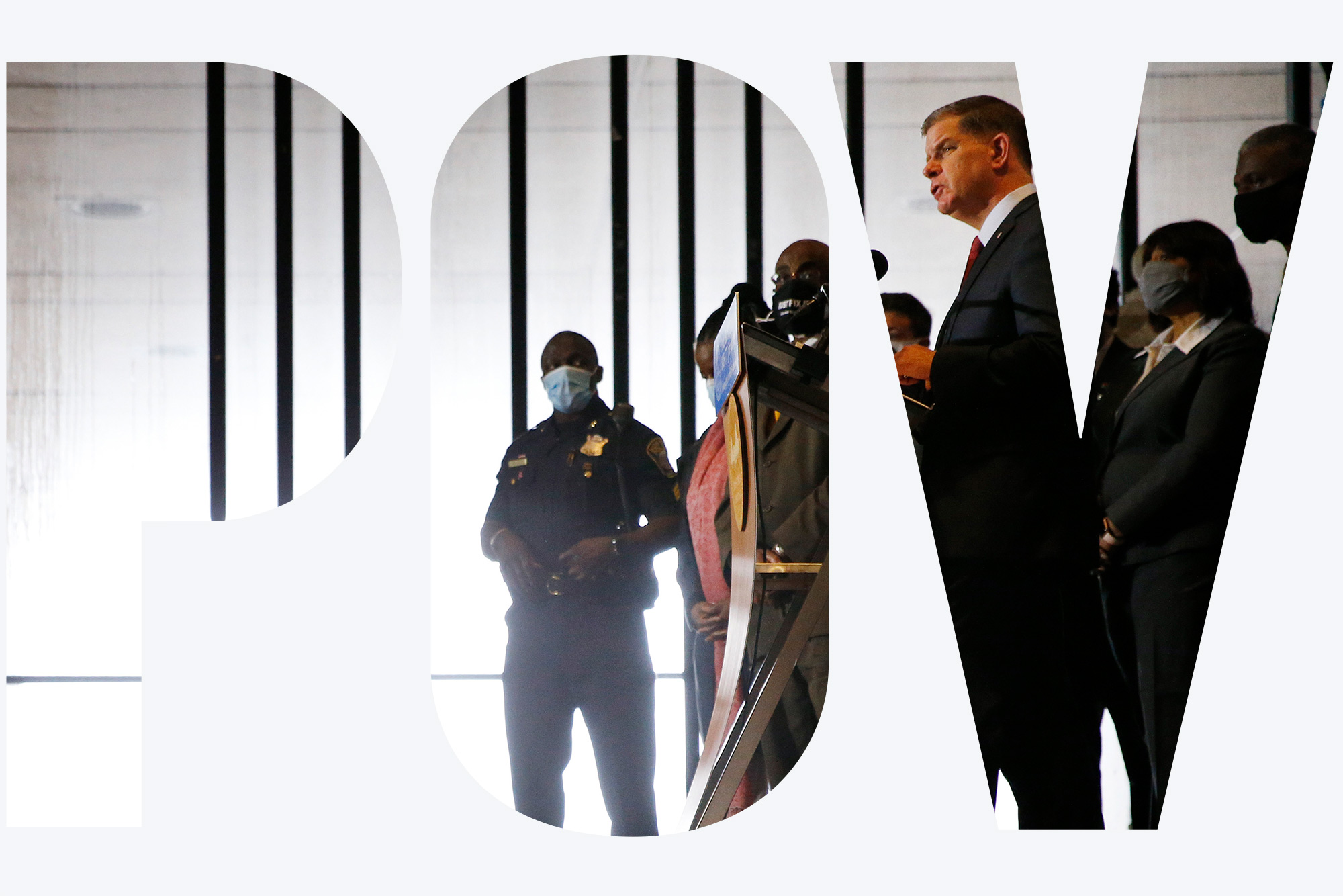 Photo of Mayor Martin J. Walsh speaking at a press conference at Boston City Hall in Boston, flanked by members of the Boston Police Reform Task Force, as he announces a plan for a slate of reforms to the Boston Police Department on Oct. 13, 2020. Walsh stands at a podium on the right of the photo, with the reform task around him. Overlay reads 'POV.'