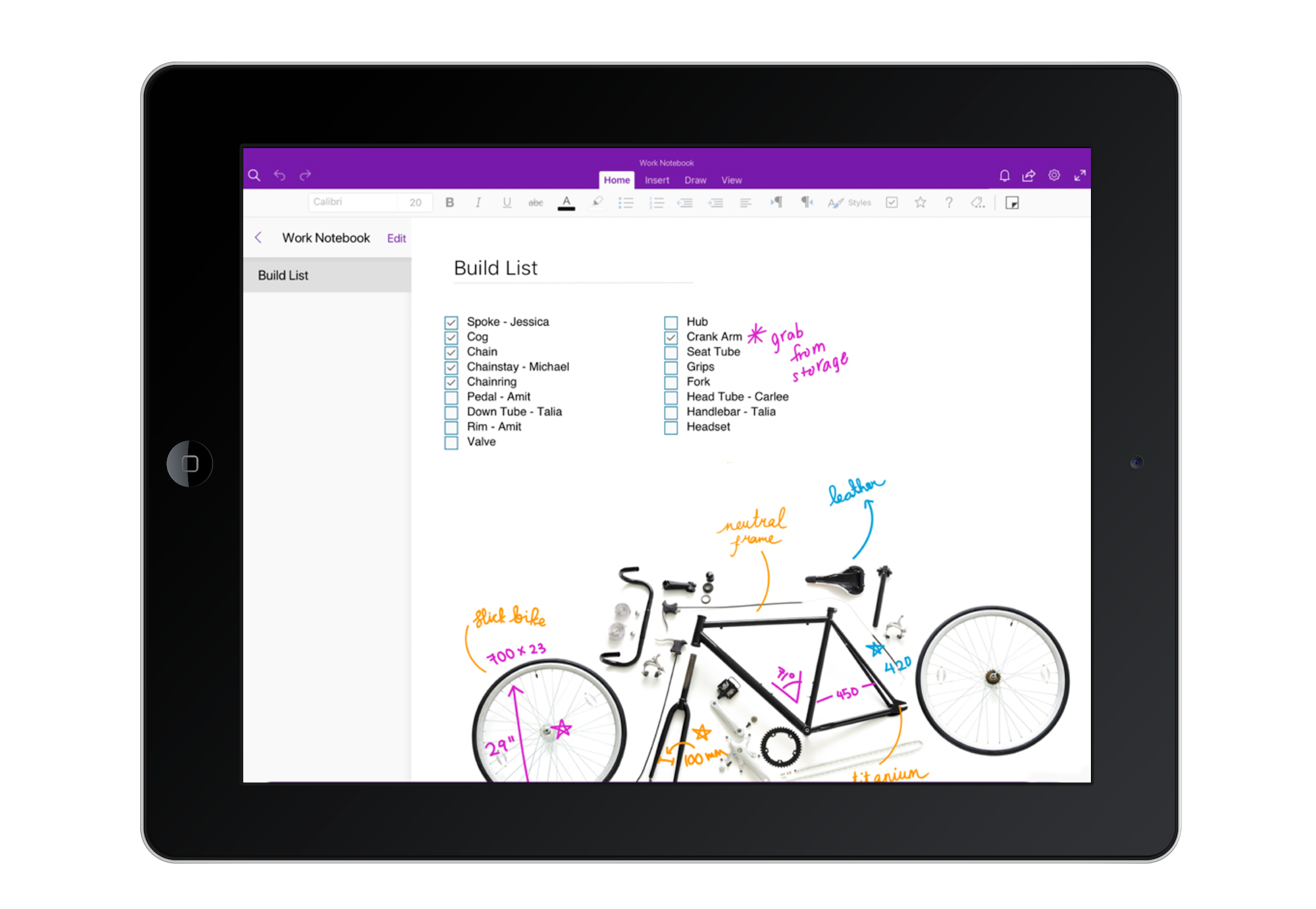 Illustration of OneNote on an iPad. The screen shows a build list for a bike and a diagram of the parts with handwritten notes on top. 