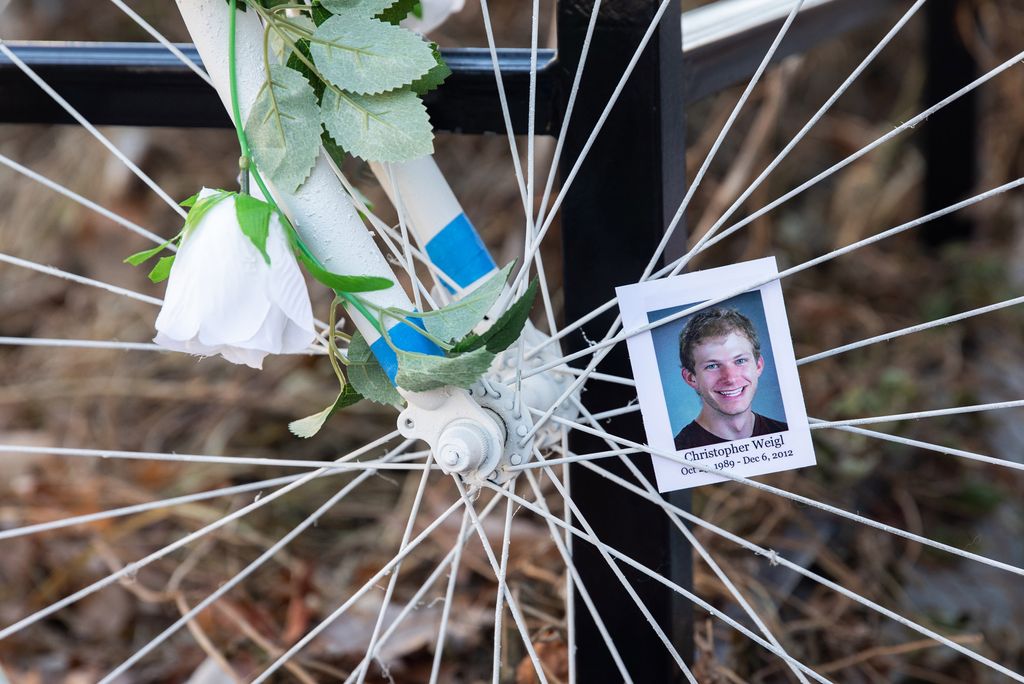 The Massachusetts Bicycle Coalition hosted a memorial ghost bike installation ceremony Saturday, November 21, 2020 on the corner of Commonwealth Avenue and St. Paul Street in Boston in honor of Christopher Weigl (COM'14) who was killed by a truck driver on December 6, 2012.