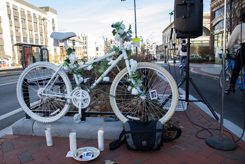 The Massachusetts Bicycle Coalition hosted a memorial ghost bike installation ceremony Saturday, November 21, 2020 on the corner of Commonwealth Avenue and St. Paul Street in Boston in honor of Christopher Weigl (COM'14) who was killed by a truck driver on December 6, 2012.