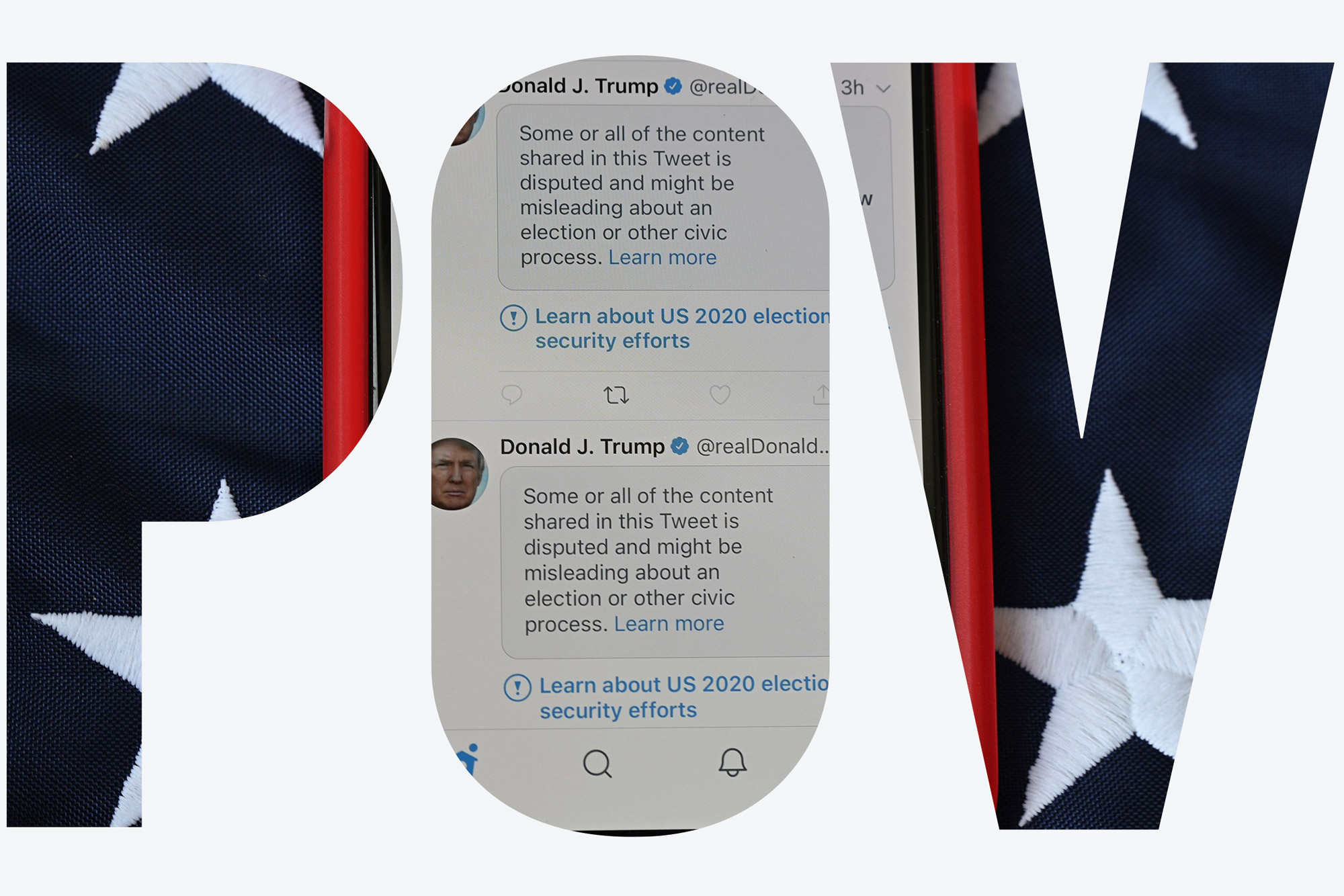 A photo of a phone showing tweets by Donald Trump sitting on top of an American flag. A white text overlay reads POV.