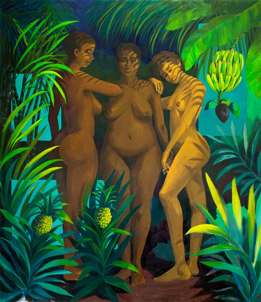 Three Graces (2019) Oil on canvas 84 x 72 in. The painting is based on a photo Tarver found online showing Black women who were exhibited in Europe in the 19th or early 20th century. 