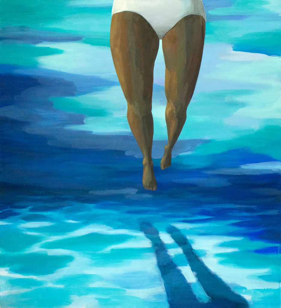 Head Above Water (2018) Oil on canvas 84 x 72 in. New York Times art critic Jillian Steinhauer wrote that the painting first connoted “glamorous freedom,” but after seeing works like Three Graces, “instead of seeing a scene of luxury, I imagined one of the women swimming to freedom.”