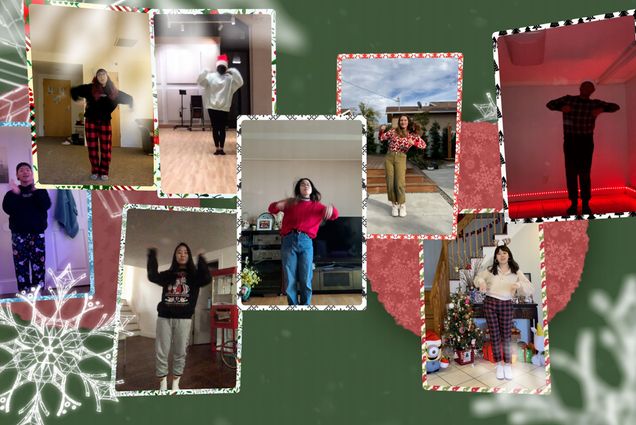 Photos of different members of BU’s UPro dance group dancing in festive outfits from their respective locations. Each photo has a festive frame and looks like a holiday card; they are set on a green background with snowflakes.