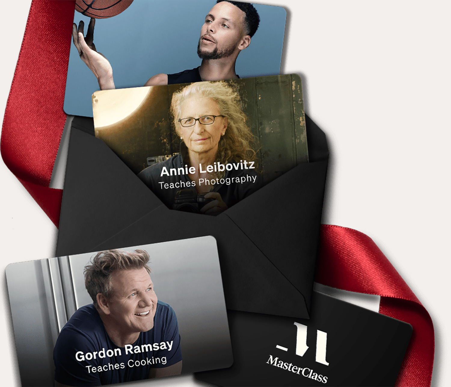 A series photos of MasterClass teachers Steph Curry spining a basketball, Annie Leibovitz (“teaches photography”), Gordon Ramsay (“Teaches Cooking”). The photos are meant to look like gift cards.