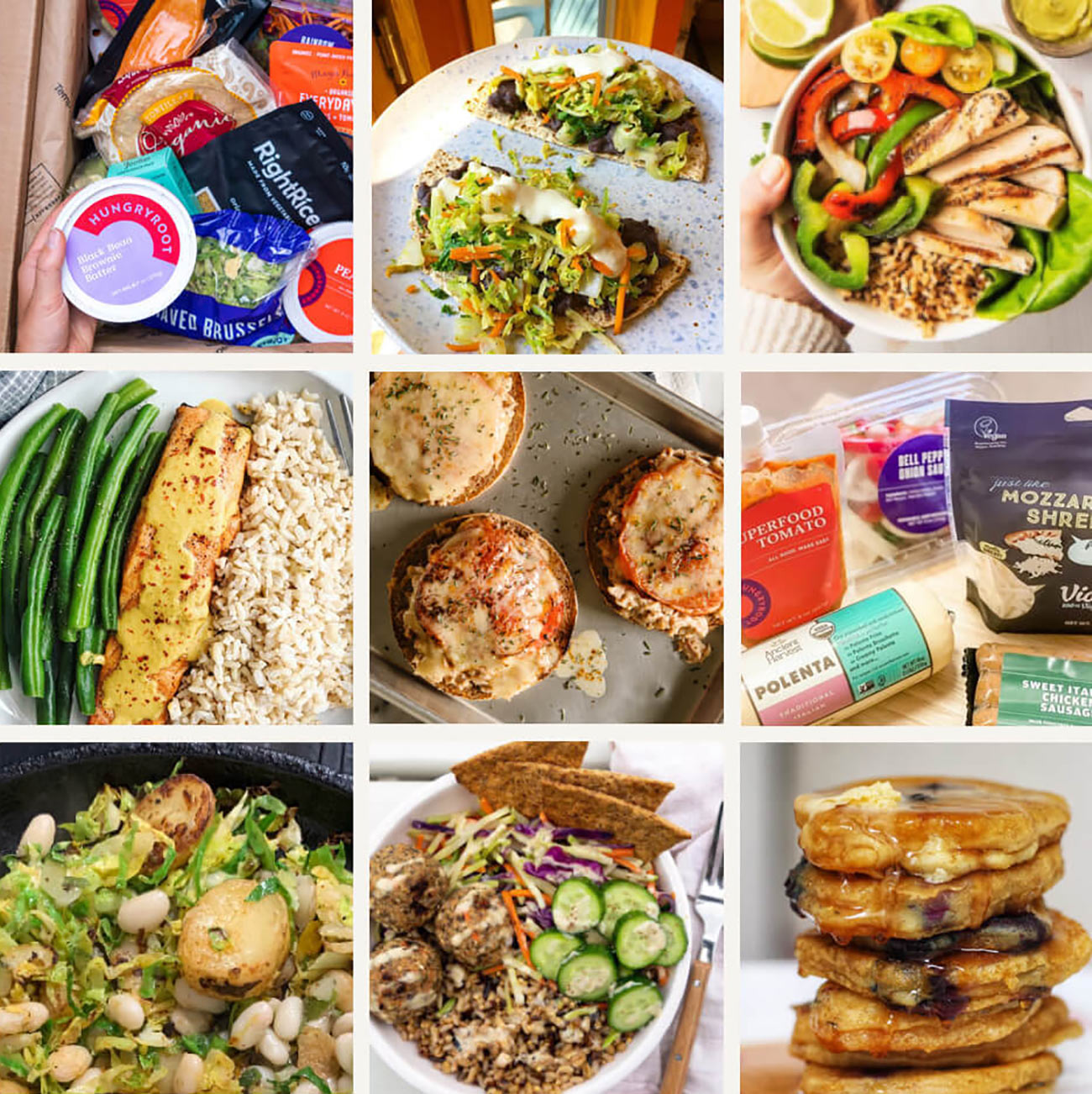 Grid collage of dishes from HungryRoot, including mac and cheese, polenta, pancakes, and salad bowls.