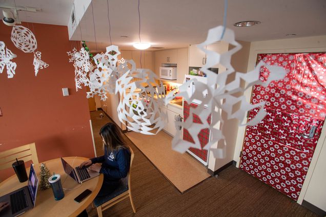 Photo of Katrina Lau (QST’21) working on her final project for the semester on her laptop in her Stuvi2 home which she shares with Casey Evans (COM’21), not pictured. The suite is decorated, including a door that is wrapped with bright red wrapping paper and cut-out paper snowflakes hang from the ceiling.