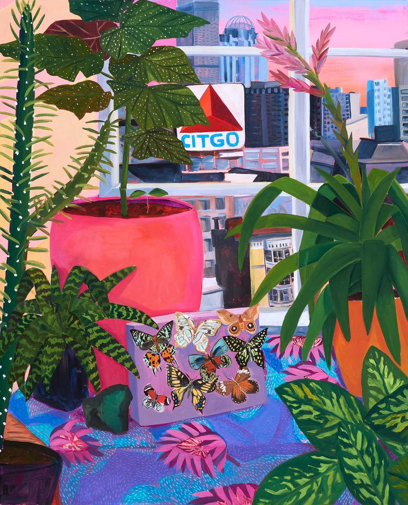 Valdez's Boston View with Taxidermy Butterflies (2019) Oil and acrylic on canvas 52 x 42 in. In some of Valdez’s paintings, the view shown from a window may be an artistic lie: a snapshot from a previous day or even of a different place altogether. In this particular background, we see the Boston Citgo sign. Leafy plants and a cactus sit around the taxidermy butterflies.