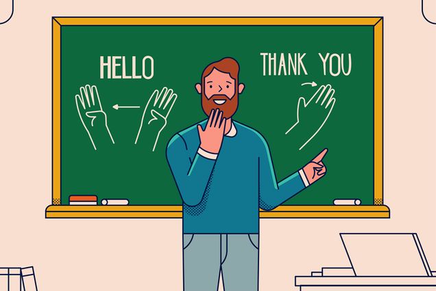 Illustration of a teacher in front of the blackboard that has ASL signs for “Hello” and “Thank You” drawn on the board. The teacher signs “thank you” to classroom full of kids.