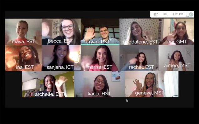 In the zoom screenshot, there are 13 video windows in which each person waves. Starting from the top left, is “maya, PST,” “becca, EST,” “ryan, PST,” “magdalene, EST,” “ani, GMT,” “ina, EST,” “sanjana, ICT,” “marisa, EST,” “rachel, EST,” “aimee, MST,” “archelle, EST,” “Kacia, HST,” “Geneve, MST.”