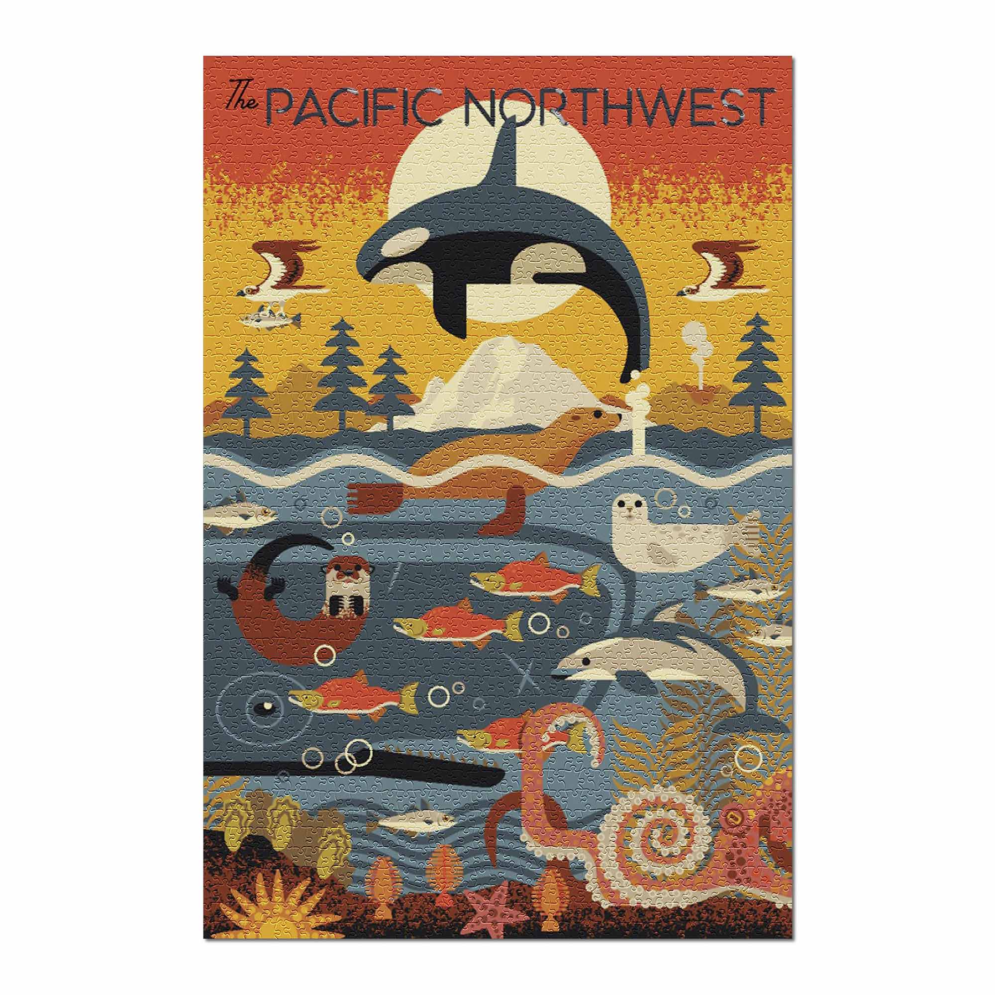 Photo of a puzzle with the words ‘The Pacific Northwest’ and illustrations of marine life native to the Pacific Northwestern US, including a killer whale, salmon, otters, and seals.