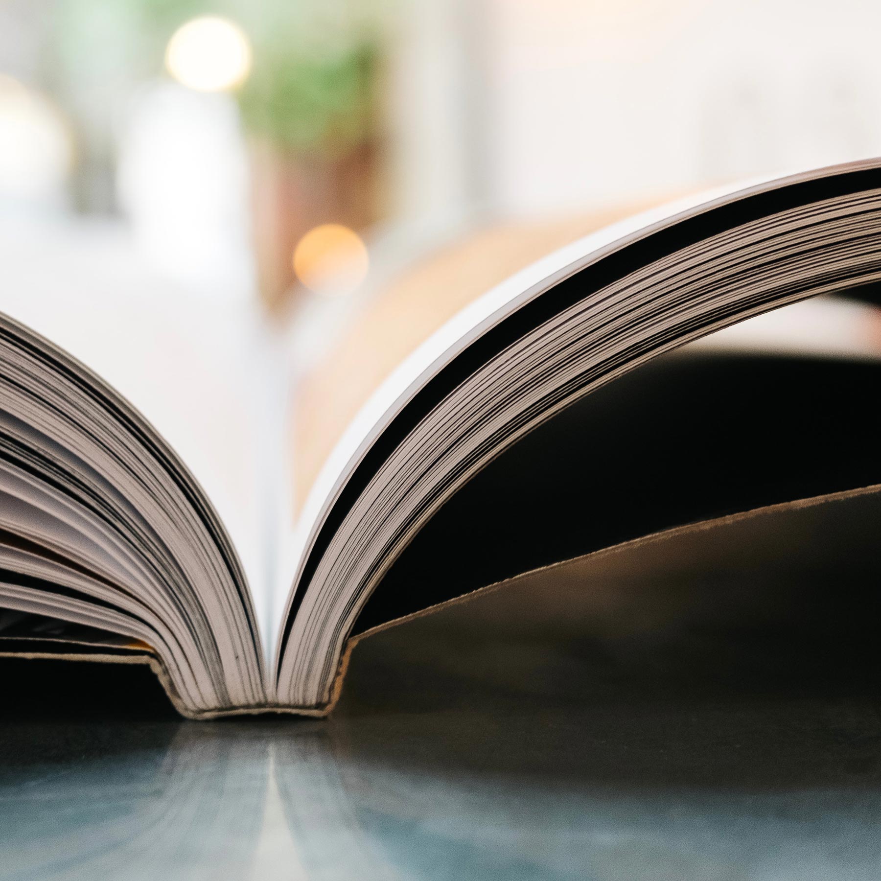 Photo of an open book on a counter with a blurred background.