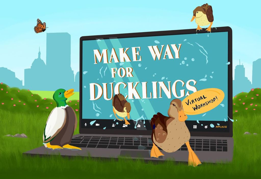 An illustration showing a duck in front of a computer screen in front of the Boston skyline. Text on the screen reads "Make Way for Ducklings."