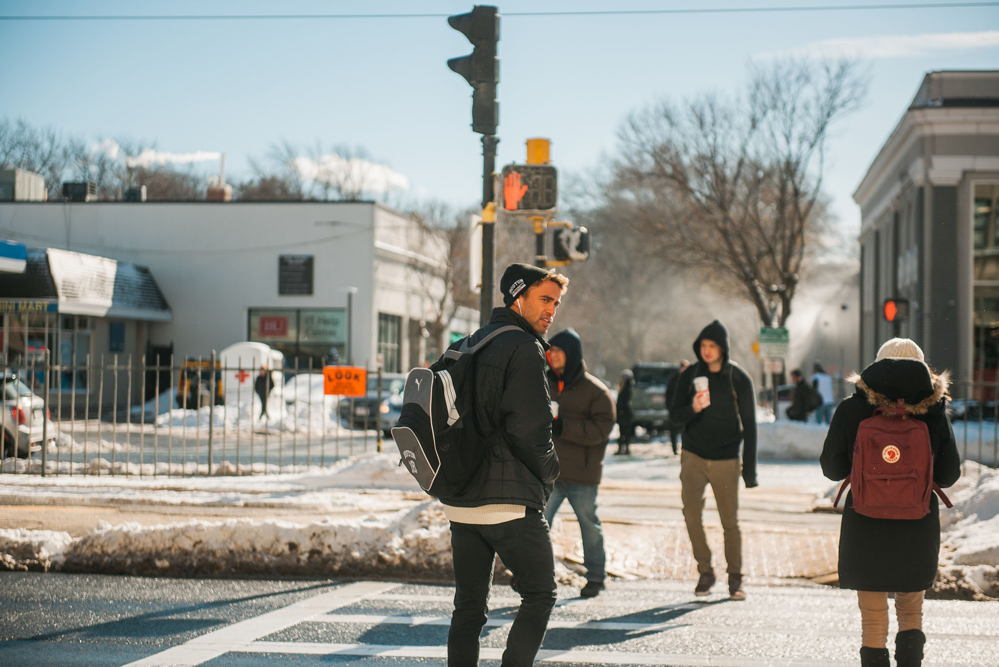 Photo: Campus stock photography of a cold winter day on BU's campus. Students and pedestrians are dressed warmly as they walk outside on a cold Boston day.