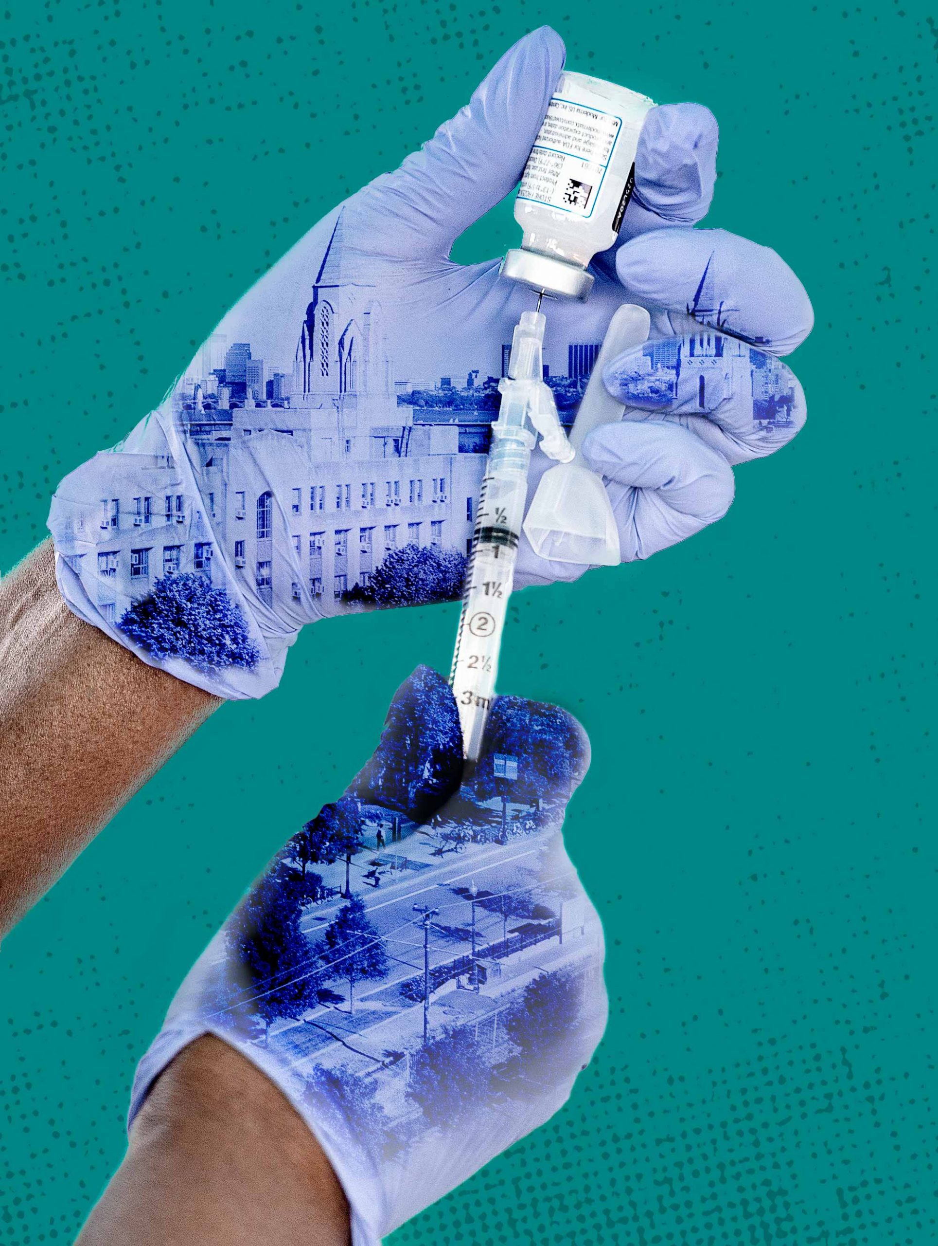 Hands wearing latex gloves load a syringe with Moderna COVID-19 vaccine. A photo of Boston University Charles River Campus is superimposed on the gloves.