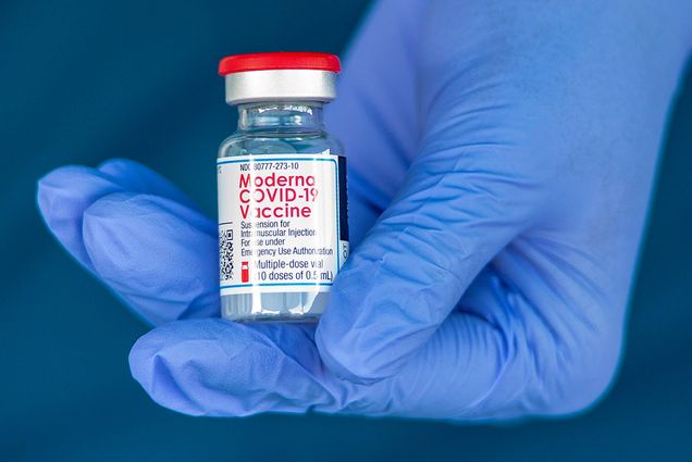 Photo of the gloved hand of a registered nurse holding a vile of the Moderna COVID-19 Vaccine before giving the vaccine to healthcare workers in Anaheim, Calif. on Friday, January 8, 2021. The small glass vile has a red and silver top; the label reads “Moderna COVID-19 Vaccine: suspension for intramuscular injection, for us under emergency authorization. Multiple doses vial (10 doses of .5 ml)”
