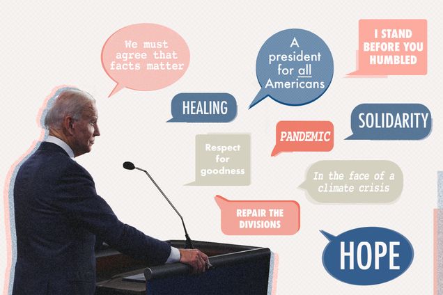 A composite image of president Biden speaking at a podium with speech bubbles of possible themes of his inaugural address. The image has dots and textures that make it resembles a printed newspaper. Speech bubbles in red, bubble and gray read “we must agree that facts matter,” “healing,” “respect for goodness,” “pandemic,” “repair the divisions,“”a president for all Americans,” “solidarity,” “in the face of a climate crisis,” “hope,” and “i stand before you humbled”