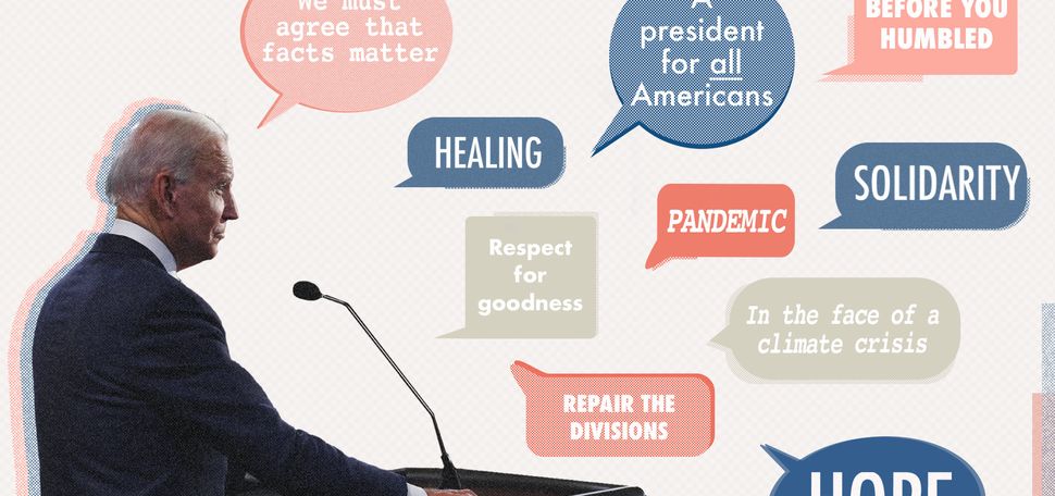 A composite image of president Biden speaking at a podium with speech bubbles of possible themes of his inaugural address. The image has dots and textures that make it resembles a printed newspaper. Speech bubbles in red, bubble and gray read “we must agree that facts matter,” “healing,” “respect for goodness,” “pandemic,” “repair the divisions,“”a president for all Americans,” “solidarity,” “in the face of a climate crisis,” “hope,” and “i stand before you humbled”