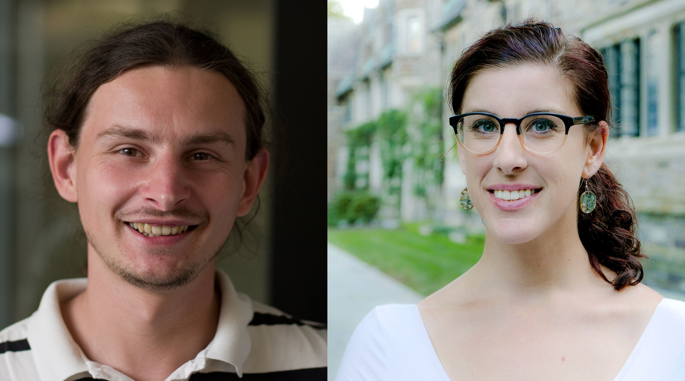 Composite image of headshots of Krzysztof Onak (left) and Kate Lindsey, whose research, respectively, is in artificial intelligence algorithms and vanishing global languages, are the recipients of two new Career Development Professorships. Onak smiles, has long curly hair that's pulled back, and wears a blue and white stripped polo. Lindsey stands outside, smiles, and wears a white blouse.