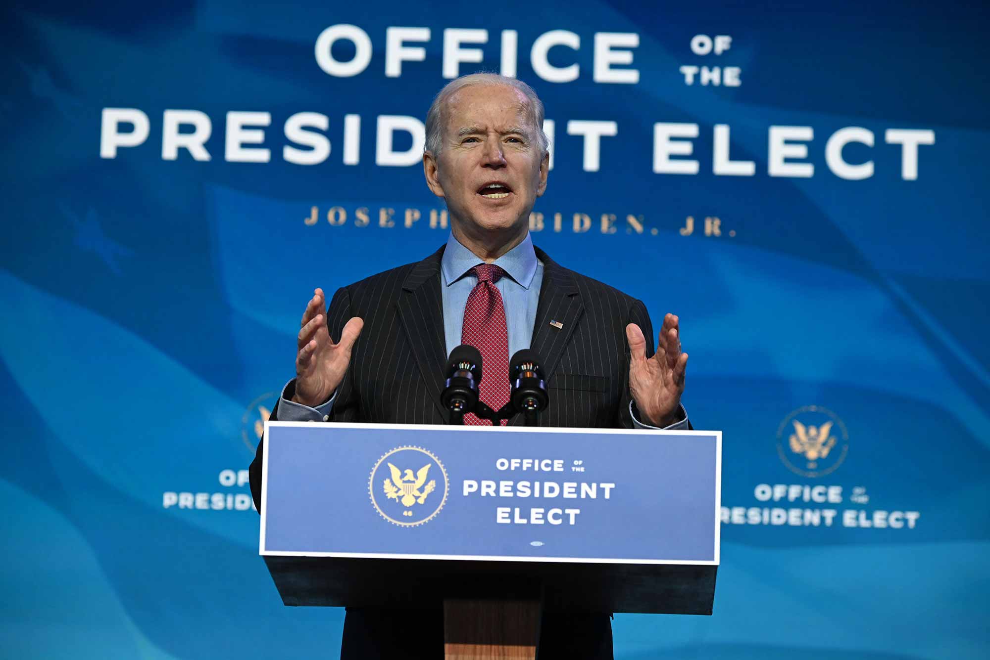 President-elect Joe Biden speaks during a briefing from the Office of the President Elect