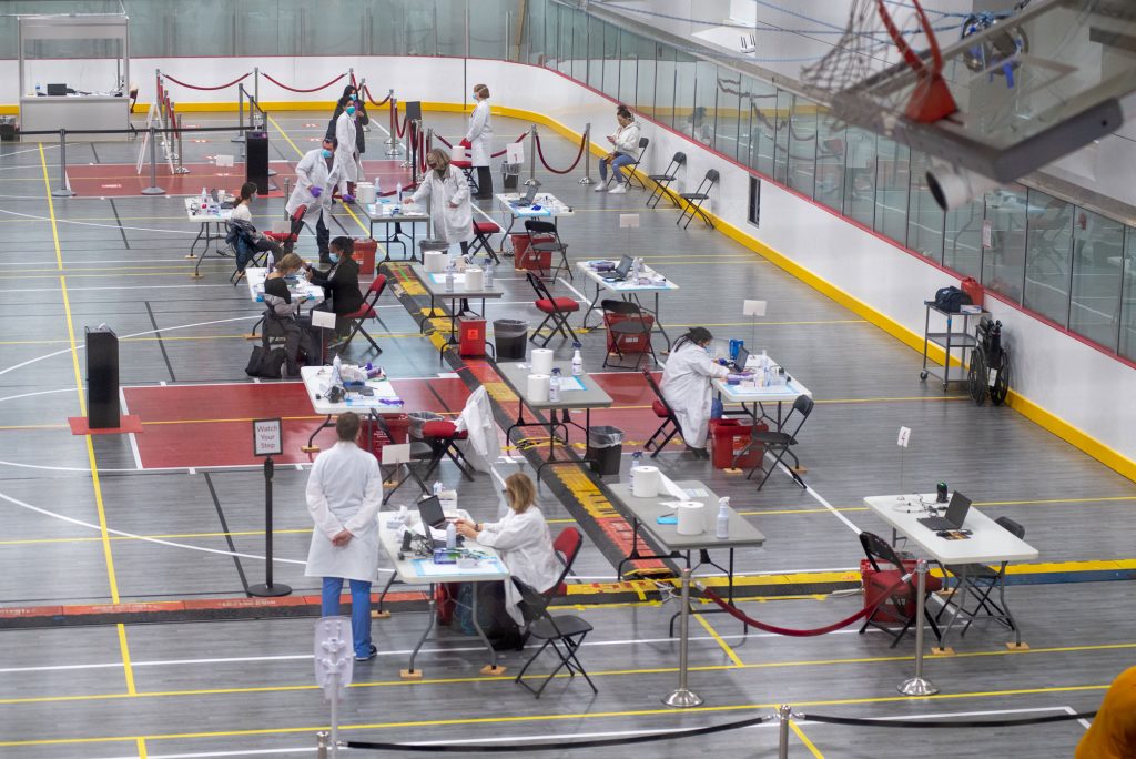 An aerial shot of BU's vaccine clinic at FitRec