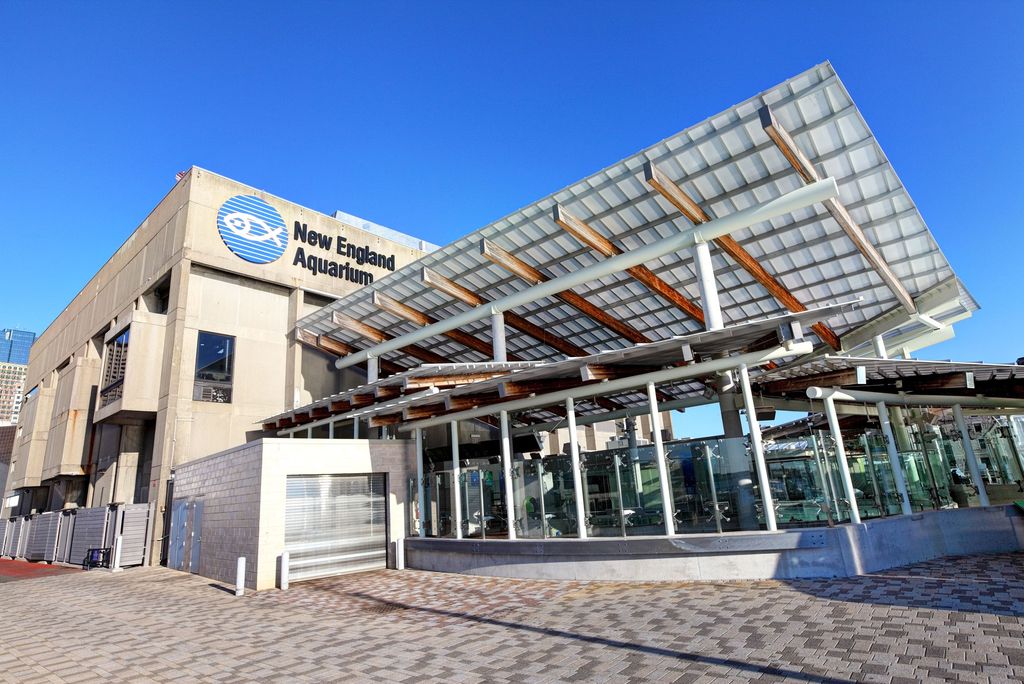 A photo of the facade of the New England Aquarium in Boston