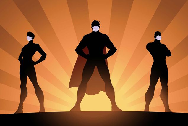 illustration of 3 superheroes wearing medical facemasks silhouetted by the sunrise