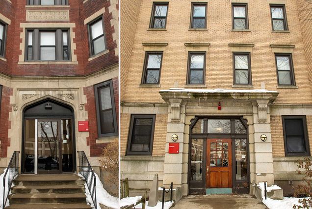 Composite image of two exterior shots of the buildings at 96 Montford and 6 Buswell Streets. 96 Montford, at right, looks like an early 20th century building made of brick with cement trim and steps leading up to the door. 6 Buswell has a tan brick exterior and a wooden front door. There’s snow on the ground to the left and right of the sidewalks.