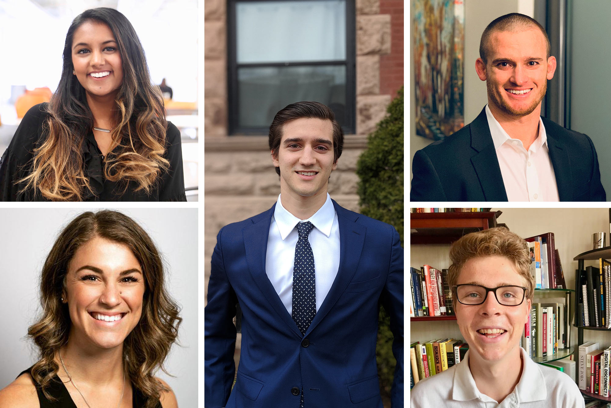 Composite image of headshots divided by white lines. From left to right, headshot of Saniya Shah (ENG’16) of Pilota, Eduardo Portet (ENG’18) of Index, Sean Donnelly (MET’18) of Resolvn, Anya Packer (CGS’12, CAS’14) of the National Women’s Hockey League Players Association, and James Graham (CAS’19) of Community Phone.