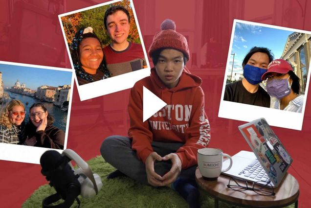 Photo of Aaron Hwang sitting on his dorm room floor on a green fuzzy rug with a red hat with a purple pompom on it. To his left, a mug, laptop and glasses rest on a small table, while a large microphone is seen on his right. The background has been overlaid with a dark red color, and around him are photos of three different couples. A white video play button is overlaid.