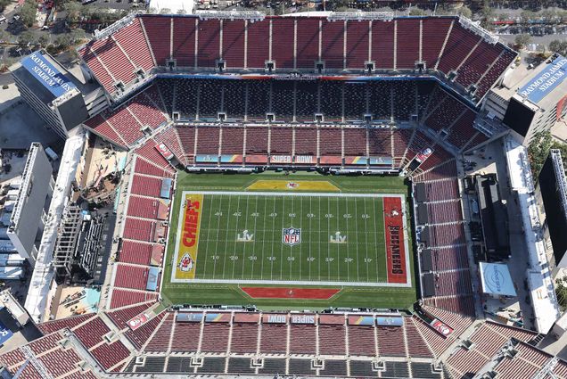 Aerial view vf Raymond James Stadium, site of Super Bowl LV between The Tampa Bay Buccaneers and the Kansas City Chiefs on January 31, 2021