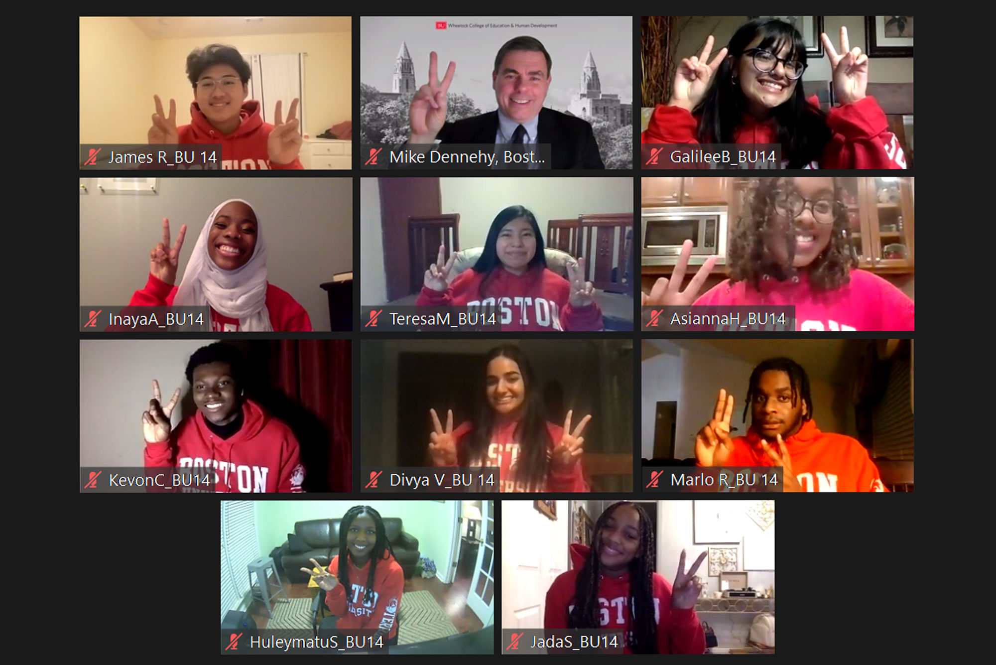 Screenshot of a zoom call honoring the recipients of the Posse Awards during the Atlanta virtual award ceremony on January 6th. Most of the students make the peace sign with their hands and wear red Boston University Sweatshirts. The students featured are as follows: Top Row (L-R) James Rhee, CAS ’25, Michael Dennehy (CAS 92 Wheelock ’01)  Boston University Posse Liaison and Executive Director Wheelock College Access & Student Success, Galiliee Barron, COM ’25. Second from Top (L-R) Inaya Abdul-Haqq, CAS ’25, Teresa Miguel, CAS ’25, Asianna Haughton, ENG ’25. Third from the Top (L-R) Kevon Cheeke, CAS ’25, Divya Virmani, CAS ’25, Marlo Robinson COM ’25. Bottom Row (L-R) Huleymatu Sow, CAS ’25, Jada Sweeting, CAS ’25