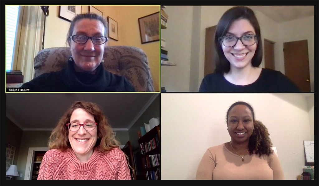 Screenshot of a zoom call between four participants, clockwise from top left: Tamzen Flanders, project administrator; Christine D’Auria (GRS’21), graduate student intern;  Mekedelawite Atakilti (SSW’25, SPH’25), head of the mentors program; Susan Mizruchi, project leader. Each of the women smiles towards the camera.